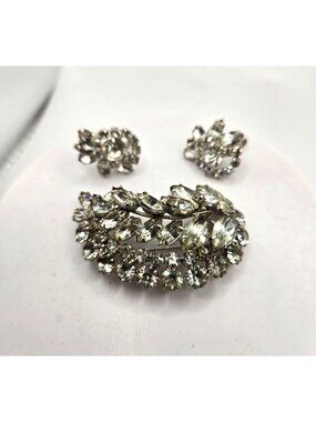 Vintage Continental Rhinestone Brooch Earrings Set Leaf Spray 3” Signed